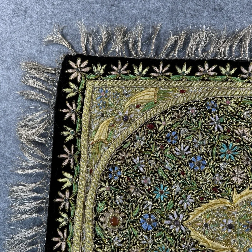 Vintage India Embroidered Wall Hanging Tapestry Beaded Ornate Black Gold Velvet
